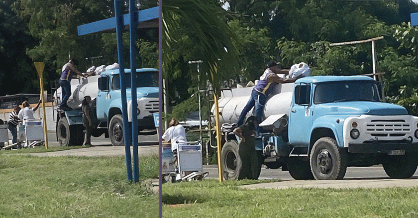 Cubanos del aeropuerto a casa en una pipa de agua