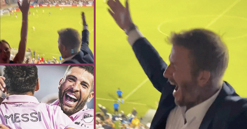 La reacción de David Beckham, tras la obra de arte de Lionel para marcar el gol del empate