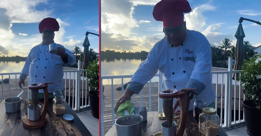Chef Ramoncito de Miami prepara café usando colador