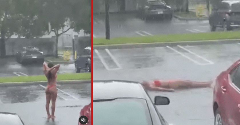 Joven en bikini sorprende refrescándose bajo la lluvia en estacionamiento de Miami